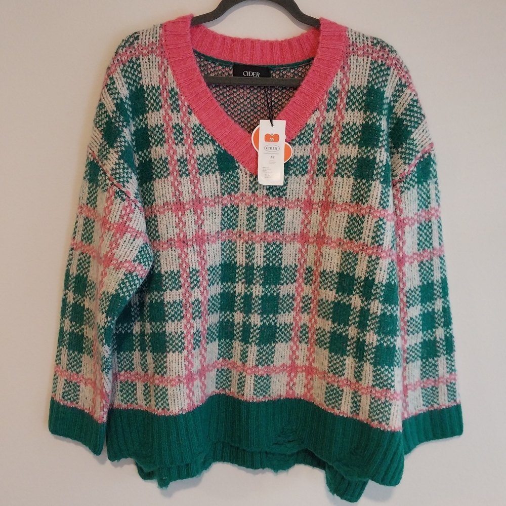 Cider Teal and Pink Plaid Wool Blend Fuzzy V-Neck Oversized Sweater NWT